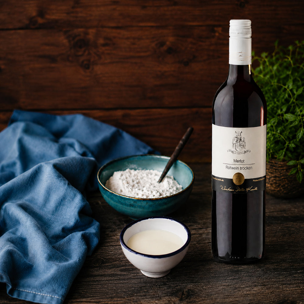 Zutaten für veganen Rotweinkuchen mit Merlot Rotwein, Mehl und Backzutaten
