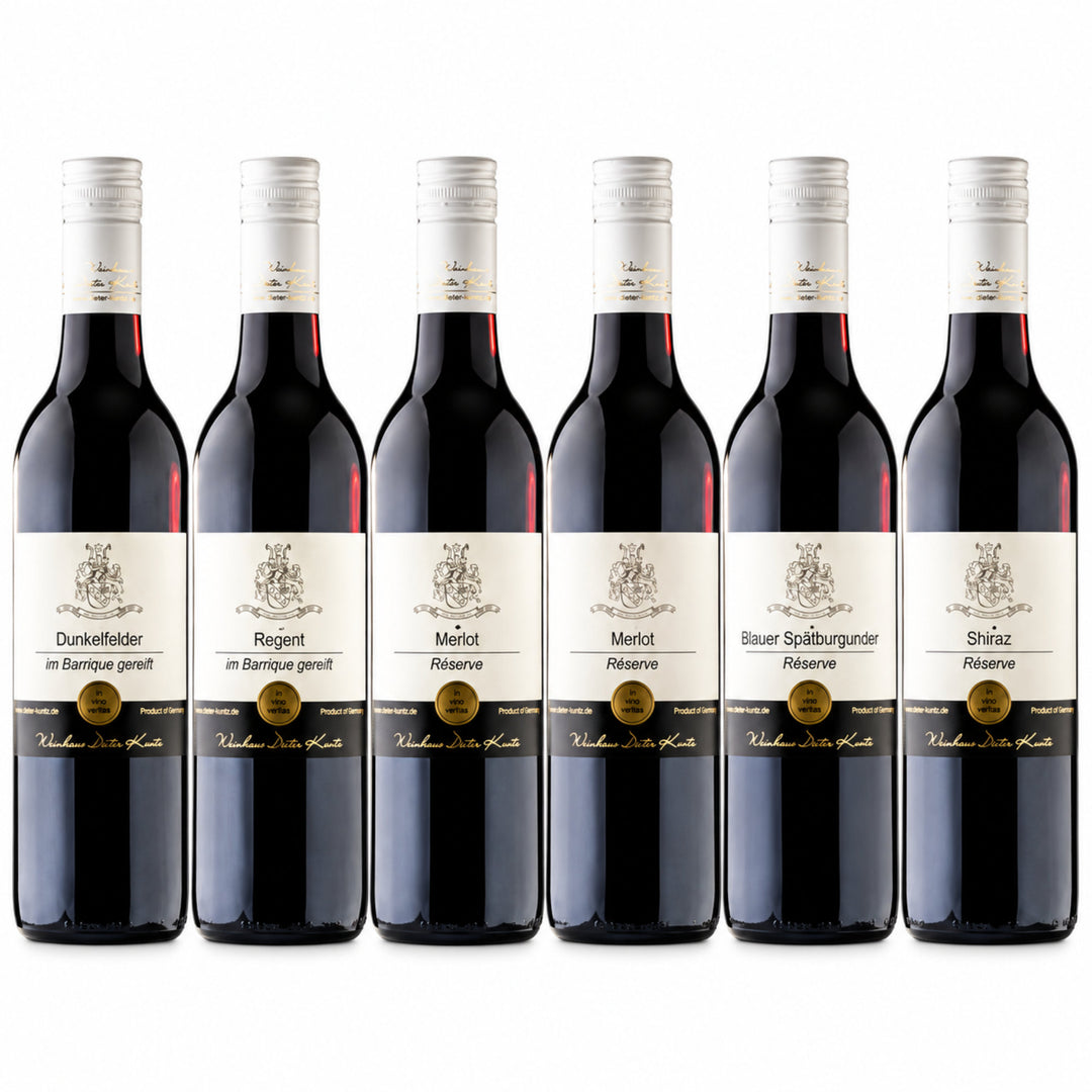 6er Rotweinpaket mit Dunkelfelder Barrique, Regent Barrique, Merlot Réserve, Spätburgunder Réserve und Shiraz Réserve
