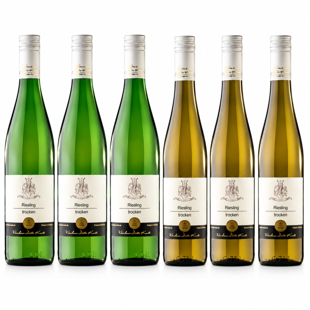 6 Flaschen Riesling trocken – 3 × 1,0 l und 3 × 0,75 l vom Weingut Dieter Kuntz