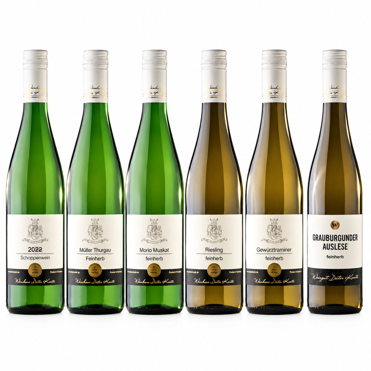 6 Flaschen feinherber Weißwein – Schoppenwein, Müller Thurgau, Morio Muskat, Riesling, Gewürztraminer und Grauburgunder Auslese