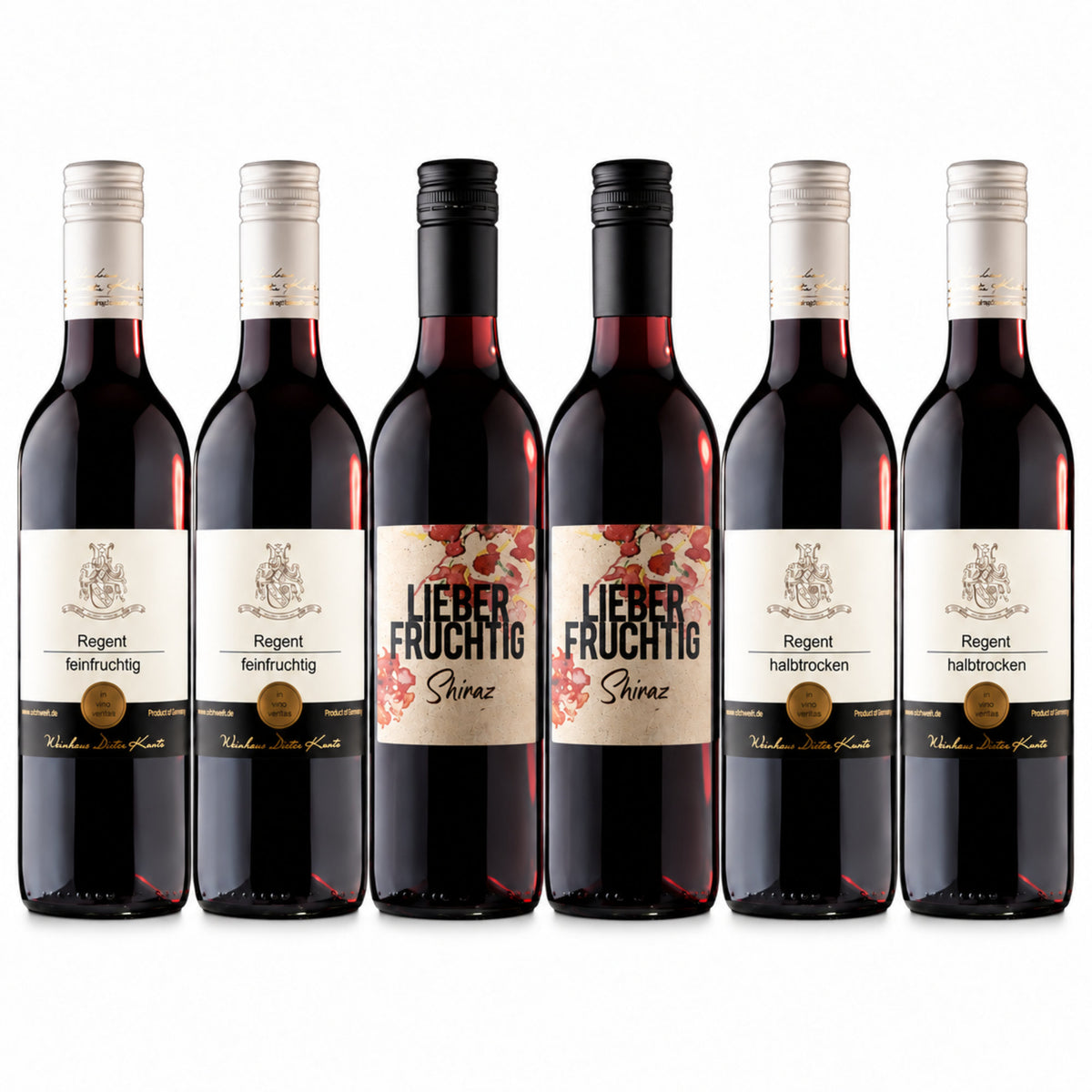 Weinpaket mit 6 Flaschen Rotwein – Regent feinfruchtig, Lieber Fruchtig Shiraz und Regent halbtrocken