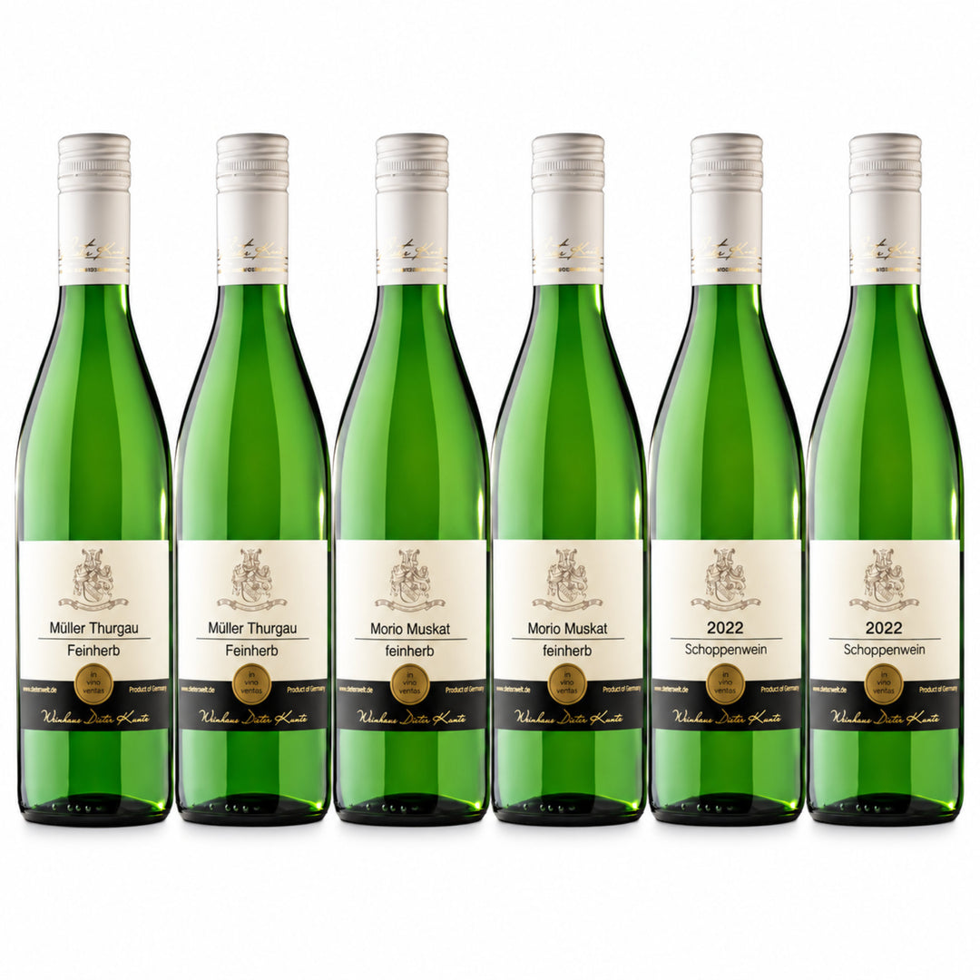 Weißwein Probierpaket mit 2 Müller Thurgau feinherb, 2 Morio Muskat feinherb und 2 Schoppenwein