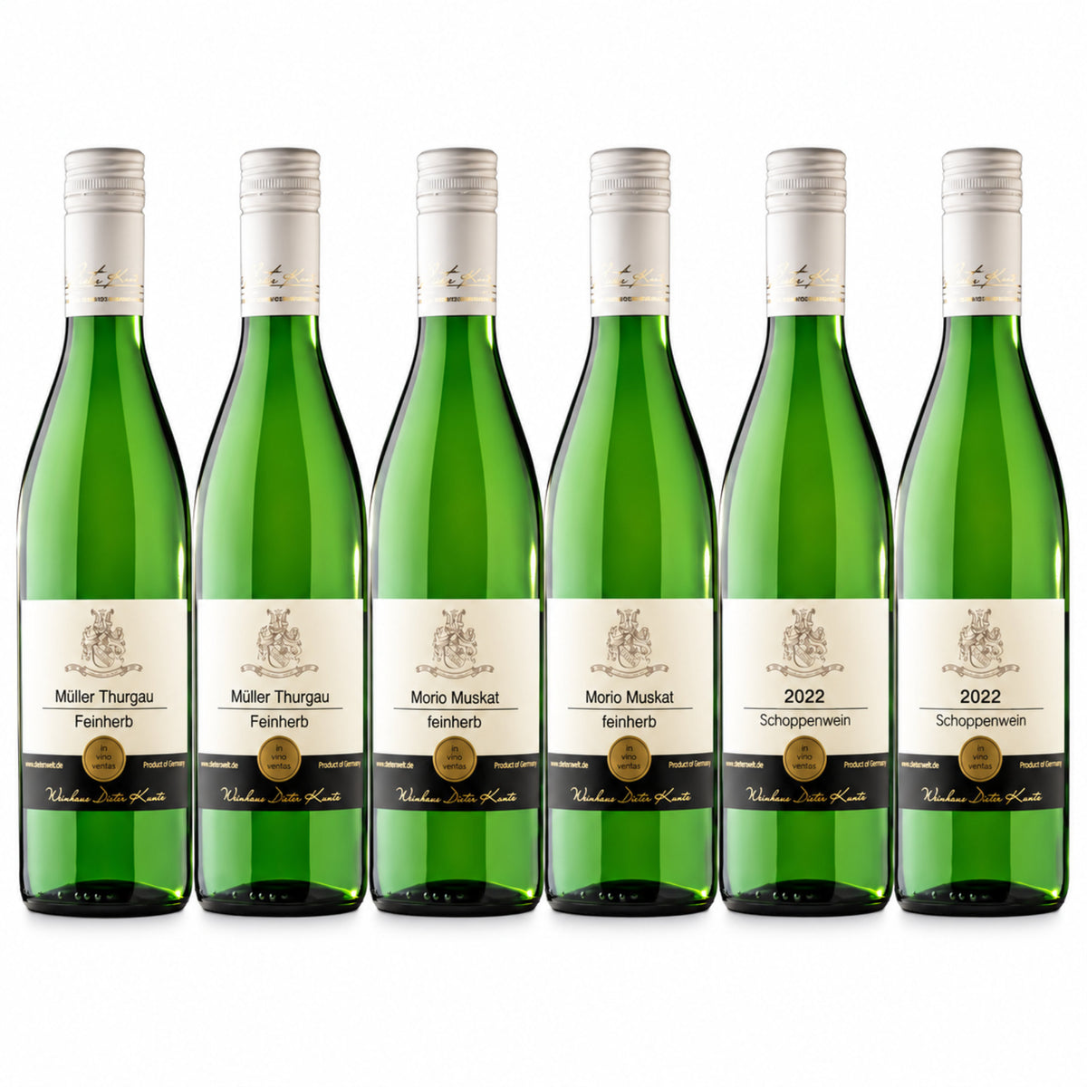 Weißwein Probierpaket mit 2 Müller Thurgau feinherb, 2 Morio Muskat feinherb und 2 Schoppenwein