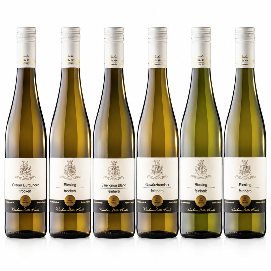 Weißwein Probierpaket mit 6 Flaschen trocken und feinherb vom Weingut Dieter Kuntz